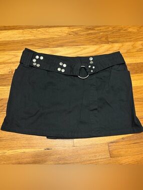 Y2K Black Studded Denim Mini Skirt Wide Integrated Belt Accent